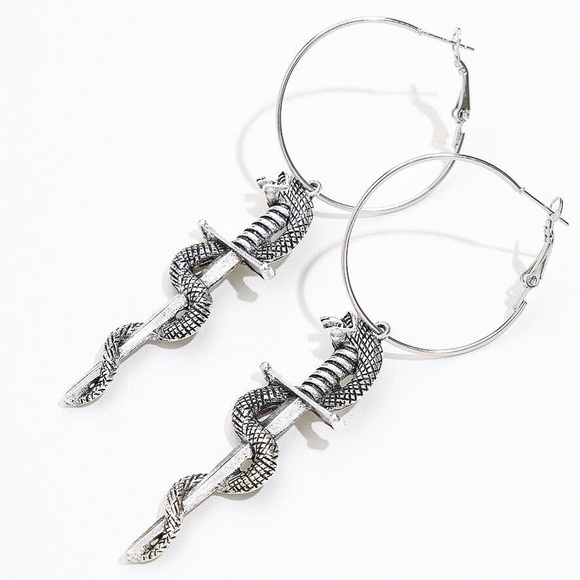 Any 2/$20! Silver Serpent Wrapped Sword Earrings - Picture 2 of 5